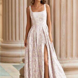 Elegant Blush pink Floral Square-Neck Evening Gown